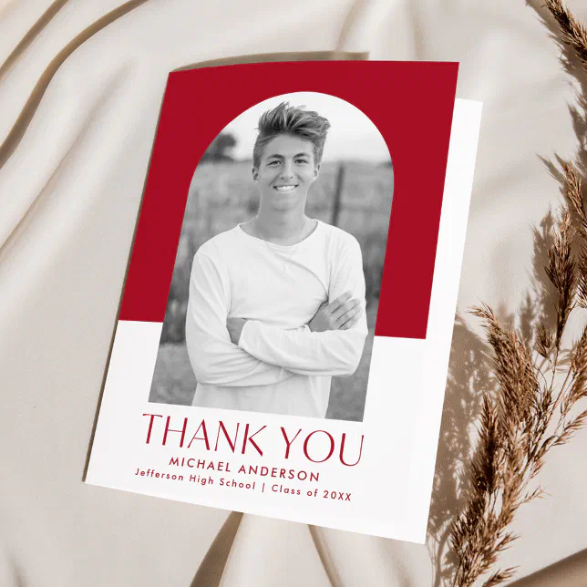 Modern Arch Red Color Block Photo Graduation Thank You Card | Zazzle