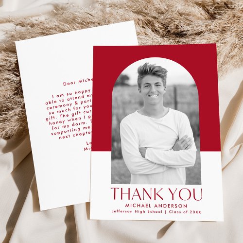 Modern Arch Red Color Block Photo Graduation Thank You Card
