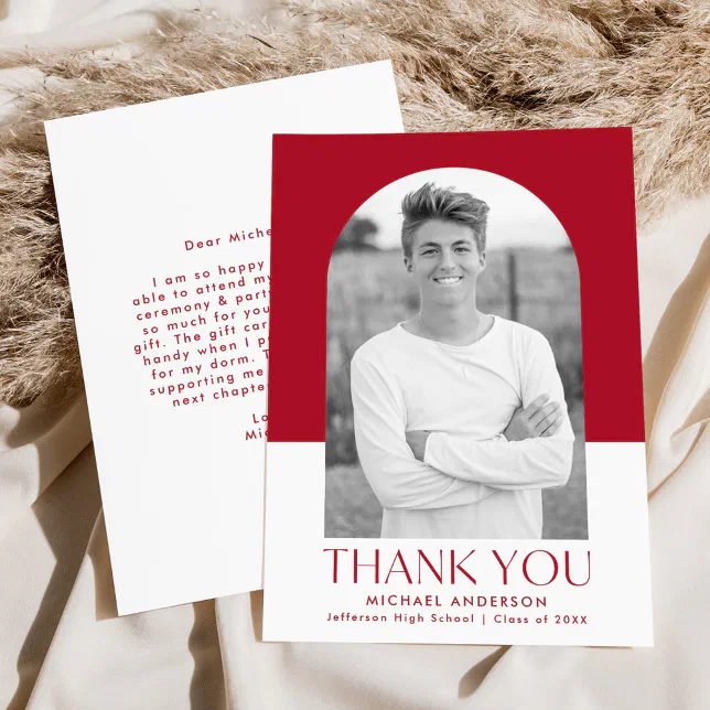 Modern Arch Red Color Block Photo Graduation Thank You Card | Zazzle