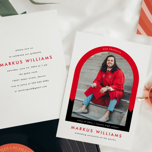 Modern Arch Red School Colors Graduation Party Invitation (Creator Uploaded)