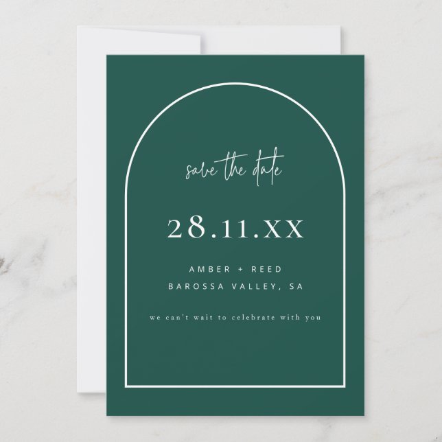 Modern Arch Retro Minimalist Emerald Green  Save The Date (Front)