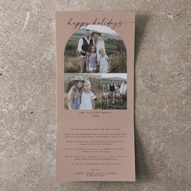 Modern Arch | Salmon Happy Holidays Photo Collage Tri-Fold Holiday Card (Creator Uploaded)