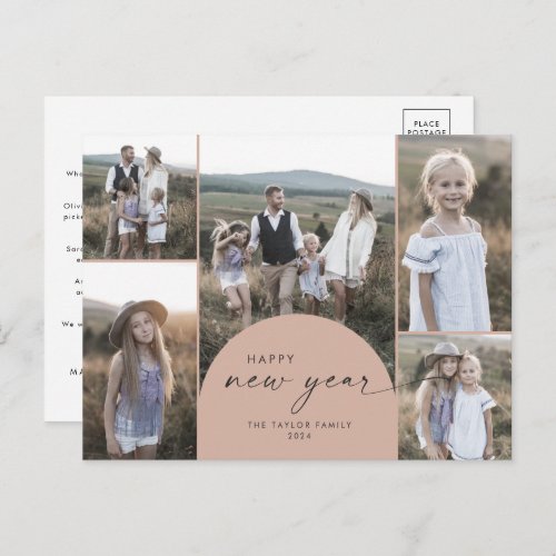Modern Arch  Salmon Multi Photo Family New Year Holiday Postcard
