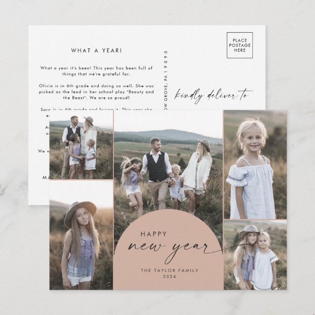 Modern Arch | Salmon Multi Photo Family New Year Holiday Postcard (Front/Back)