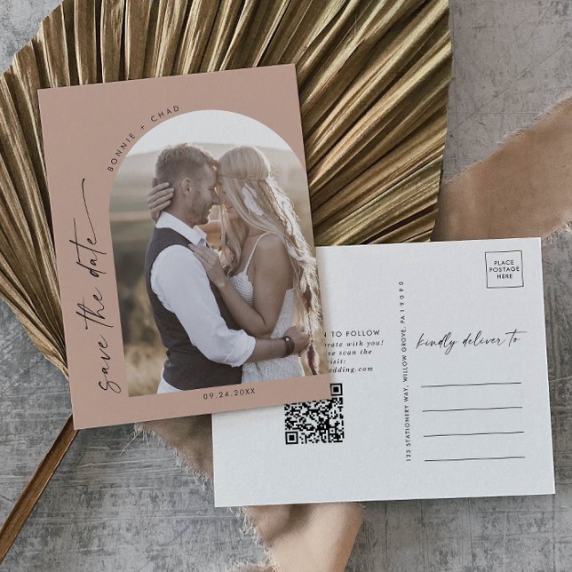 Modern Arch | Salmon QR Code Photo Save the Date Invitation Postcard (Creator Uploaded)