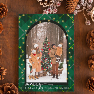 Modern Arch & Script Green Plaid Christmas Photo Holiday Card