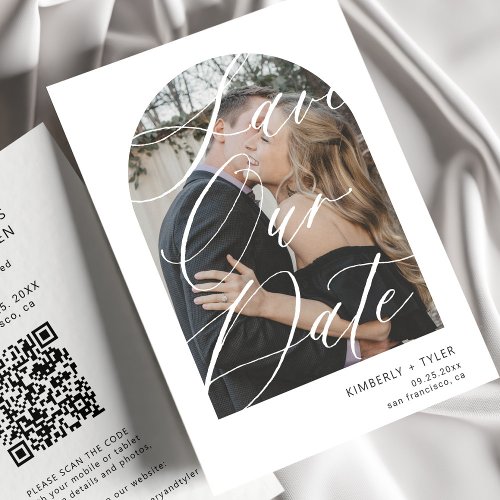 Modern arch script photo QR CODE wedding Save The Date