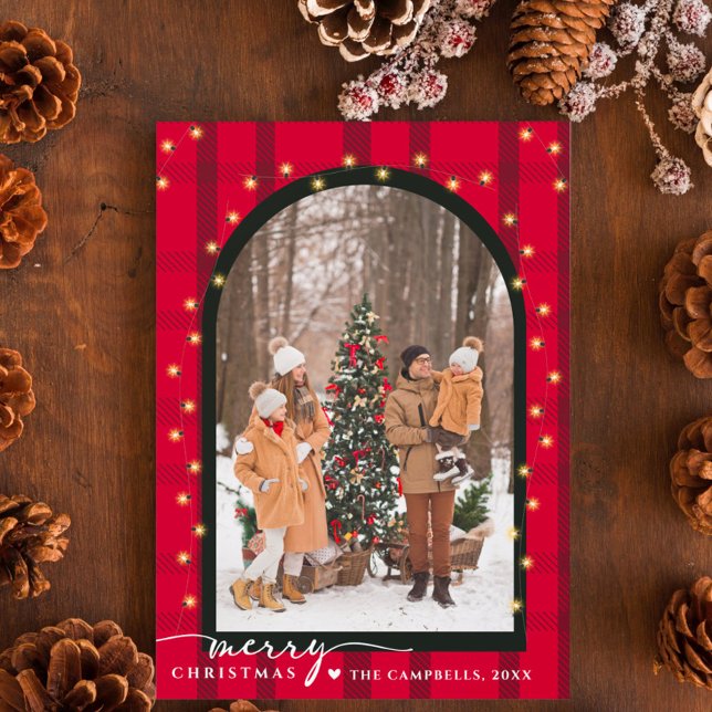 Modern Arch & Script Red Plaid Christmas Photo  Holiday Card (Creator Uploaded)