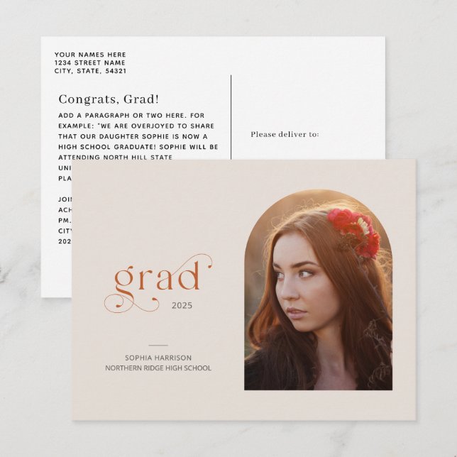 Modern Arch Simple 1-Photo 2025 Graduation Postcard (Front/Back)