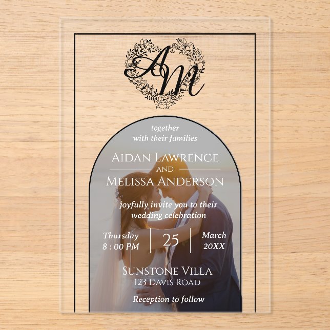 Modern Arch Style Photo Monogram Wedding  Acrylic Invitations (Front)