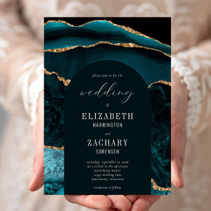 Modern Arch Teal Gold Agate Wedding Invitation