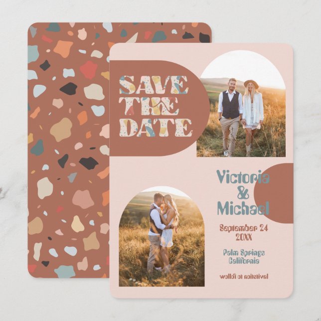 Modern Arch Terrazzo Photos Save the date Invitation (Front/Back)