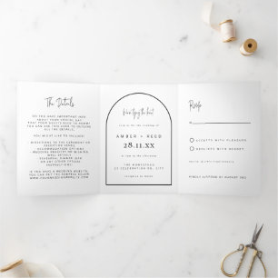 Modern Arch Tying Knot Black White Wedding Script Tri-Fold Invitation