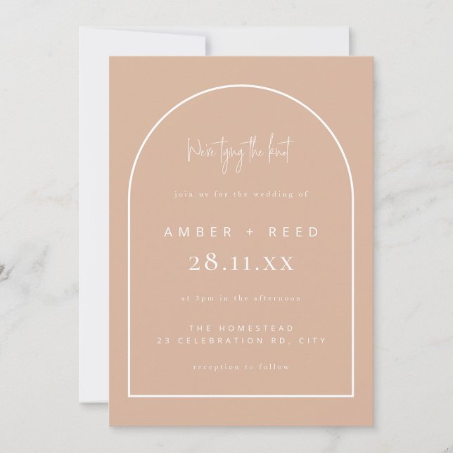 Modern Arch Tying Knot Wedding Blush Pink Script Invitation (Front)