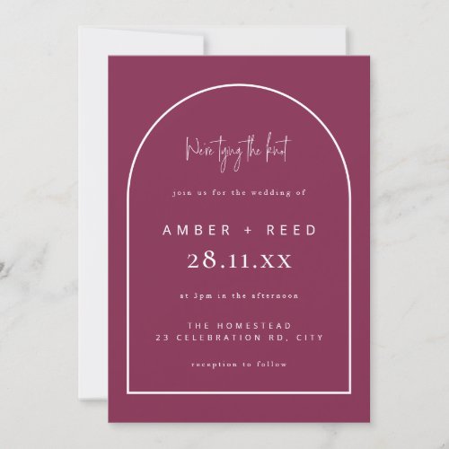 Modern Arch Tying Knot Wedding Burgundy Red Script Invitation
