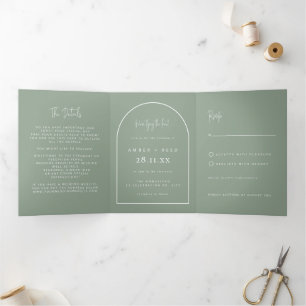 Modern Arch Tying Knot Wedding Sage Green Details Tri-Fold Invitation