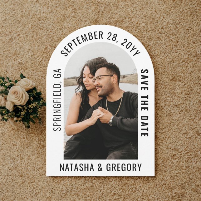 Modern Arch Typography Photo Save the Date (Modern elegant arch photo wedding save the date with QR code and custom message.)