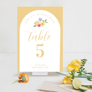 Modern Arch Watercolor Citrus Floral Couple Photo Table Number by moodthology at Zazzle