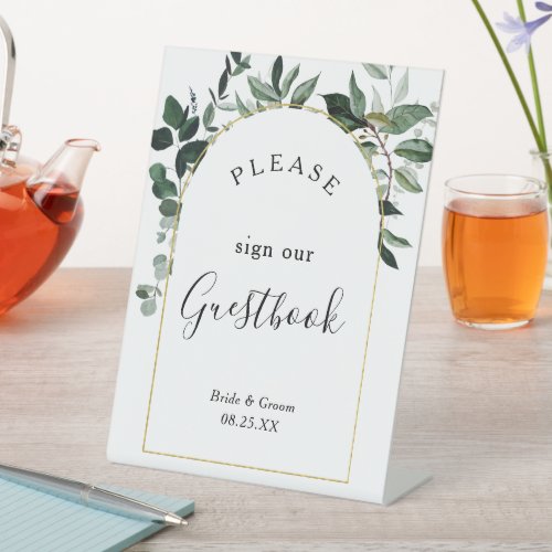 Modern arch watercolor greenery guest book pedestal sign
