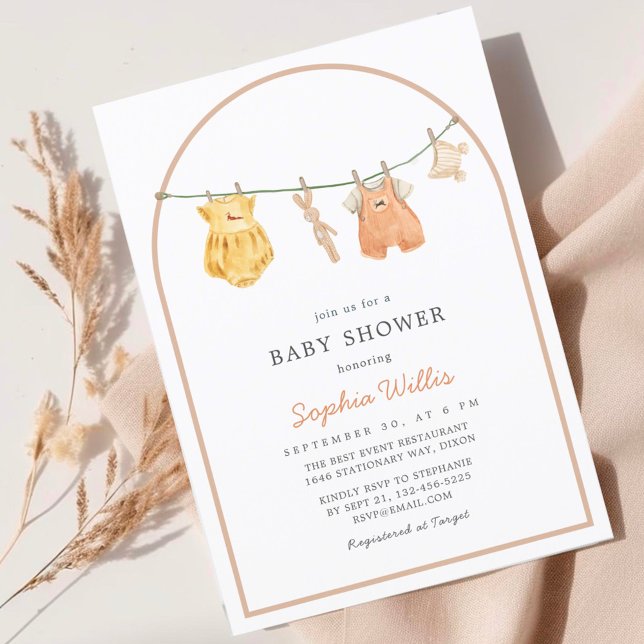 Modern Arch Watercolor Simple Clothes Baby Shower Invitation (Creator Uploaded)