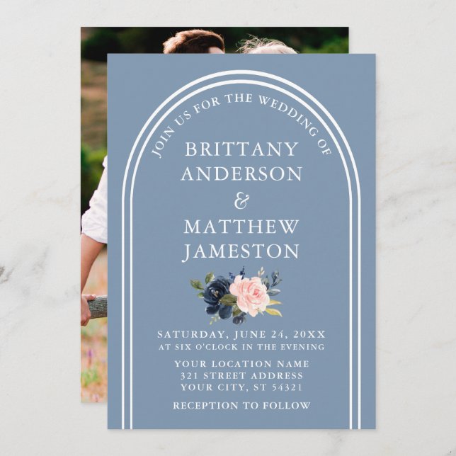 Modern Arch Wedding Dusty Blue Pink Floral Photo Invitation (Front/Back)