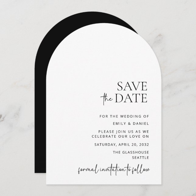 Modern, arch, white and black,  save the date invitation (Front/Back)