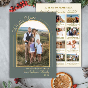 Modern Arch Year in Review 13 Photo Collage Green Holiday Card