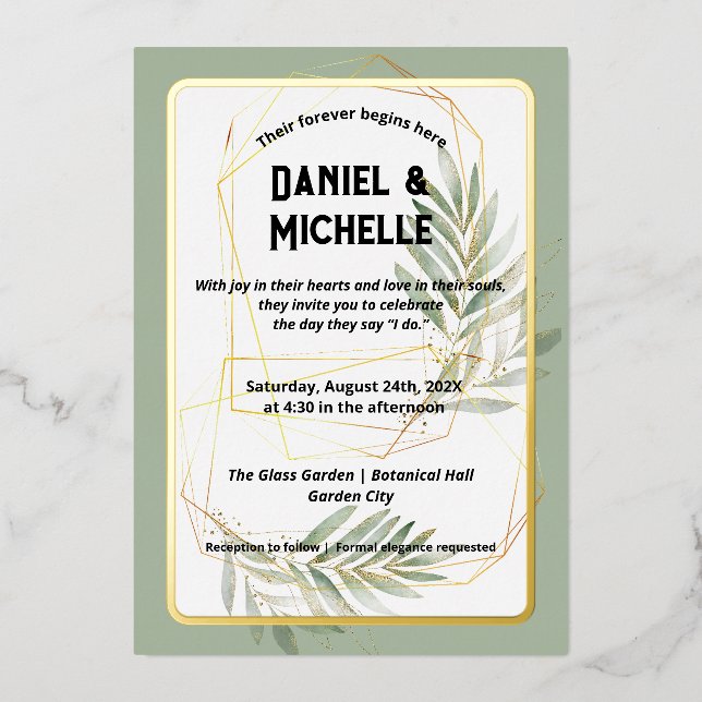 Modern Arched Black Gold Wedding Botanical Theme Foil Invitation (Front)