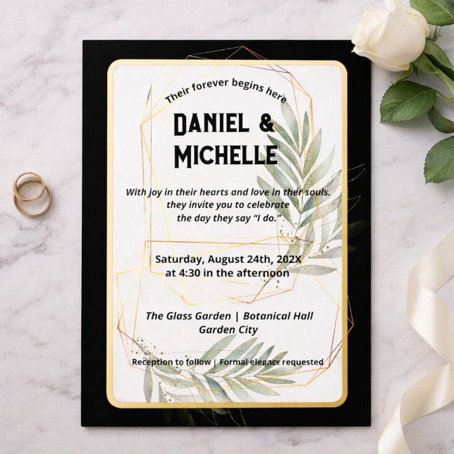 Modern Arched Black Gold Wedding Botanical Theme Foil Invitation (Creator Uploaded)