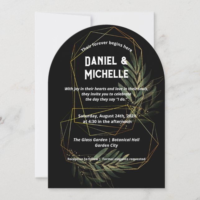 Modern Arched Black Gold Wedding Botanical Theme Invitation (Front)