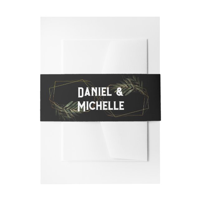 Modern Arched Black Gold Wedding Botanical Theme Invitation Belly Band (Front Example)