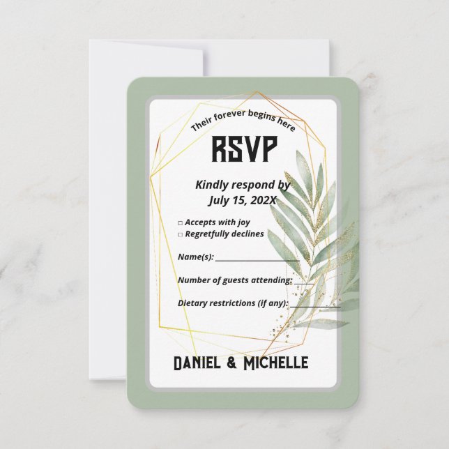 Modern Arched Black Gold Wedding Botanical Theme RSVP Card (Front)