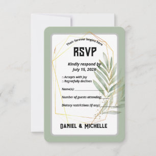 Modern Arched Black Gold Wedding Botanical Theme RSVP Card