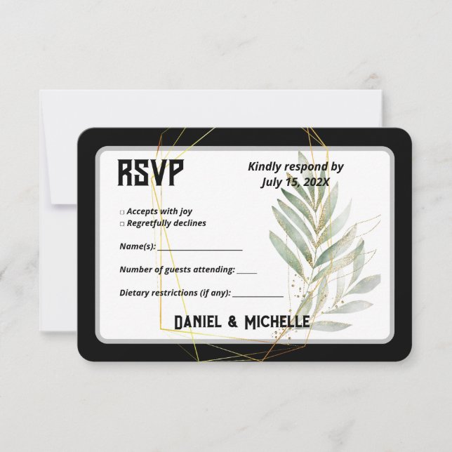 Modern Arched Black Gold Wedding Botanical Theme RSVP Card (Front)