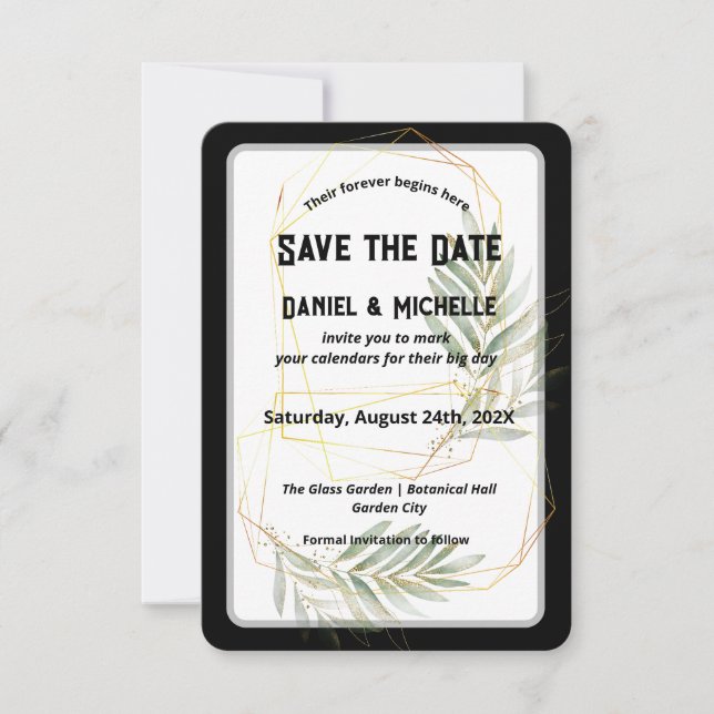 Modern Arched Black Gold Wedding Botanical Theme Save The Date (Front)