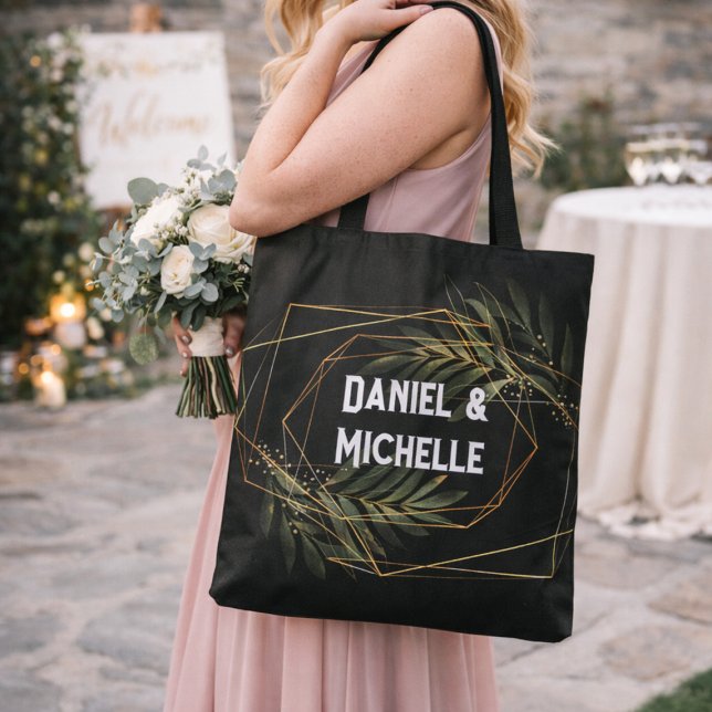 Modern Arched Black Gold Wedding Botanical Theme Tote Bag (Creator Uploaded)