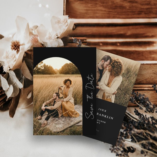 Modern Arched Frame Wedding Black Photo    Save The Date (Creator Uploaded)