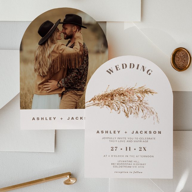 Modern Arched Pampas Grass Wedding Invitation (Boho Arched Pampas Grass Wedding Invitation, Warm Cream, Bohemian, Watercolor Pampas Grass, Brown)