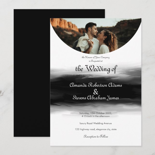 modern arched photo black brush stroke wedding invitation (Front/Back)
