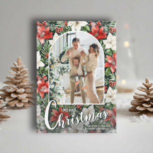 Modern Arched Photo on Poinsettias Christmas Holiday Card
