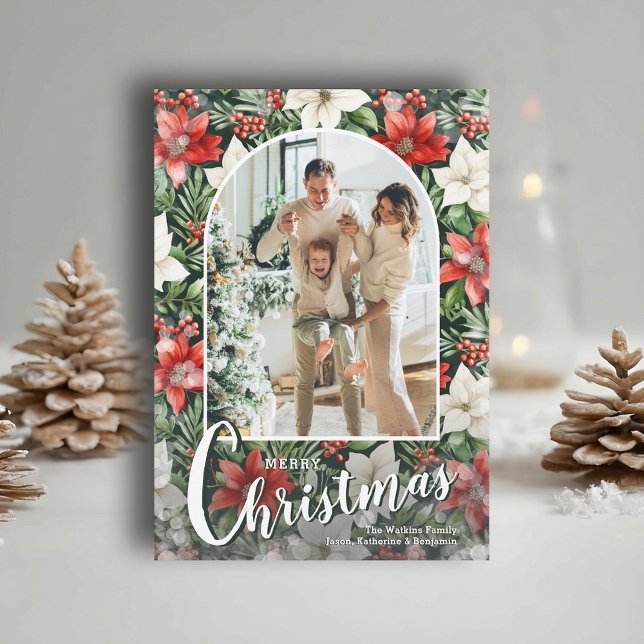 Modern Arched Photo on Poinsettias Christmas Holiday Card (Modern arched photo on poinsettia Merry Christmas holiday cards, PRINTED and/or INSTANT DOWNLOAD)