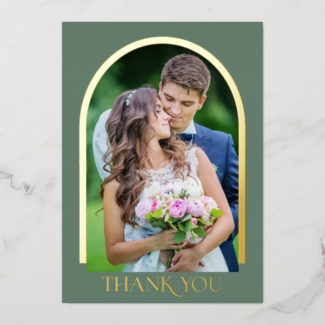 Modern Arched Photo Wedding Thank You Gold Foil In Invitation (Front)