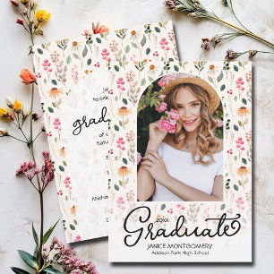 Modern Arched Photo Wildflowers Graduation Party Invitation