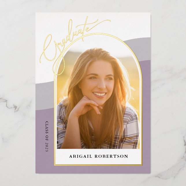 Modern Arched Photos Dusty Purple Graduation Gold Foil Invitation (Front)