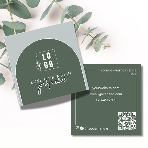 Modern Arched Qr Code Logo Forest Green Square Business Card