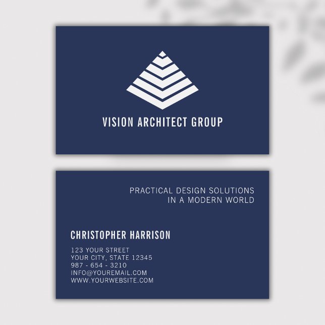 Modern Architect Minimal Navy White Pyramid Business Card (Creator Uploaded)