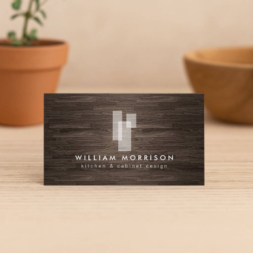 Customizable Modern Architectural Logo on Dark Woodgrain Business Cards