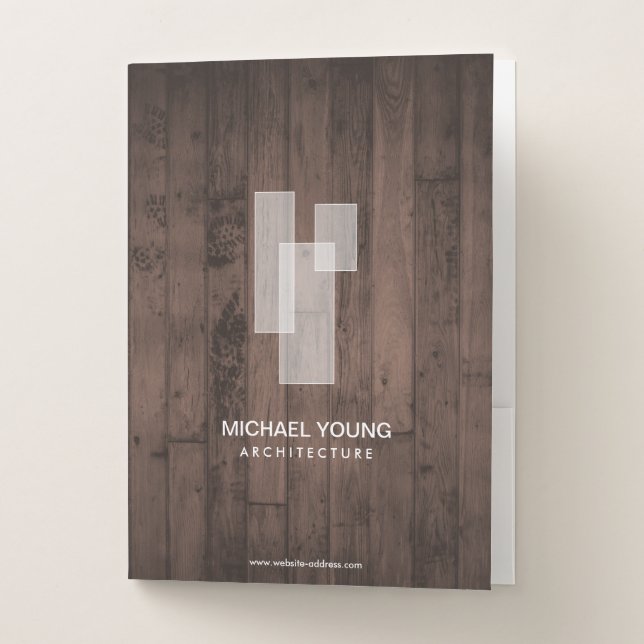 Modern Architectural Blocks Logo White/Rustic Wood Pocket Folder (Front)
