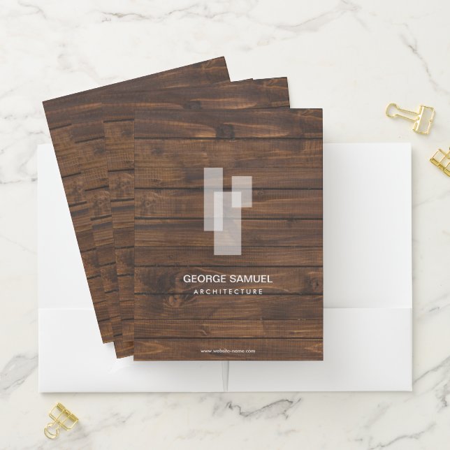 Modern Architectural Blocks Logo White/Rustic Wood Pocket Folder (In Situ)