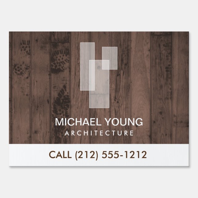 Modern Architectural Blocks Logo White/Rustic Wood Sign (Front)